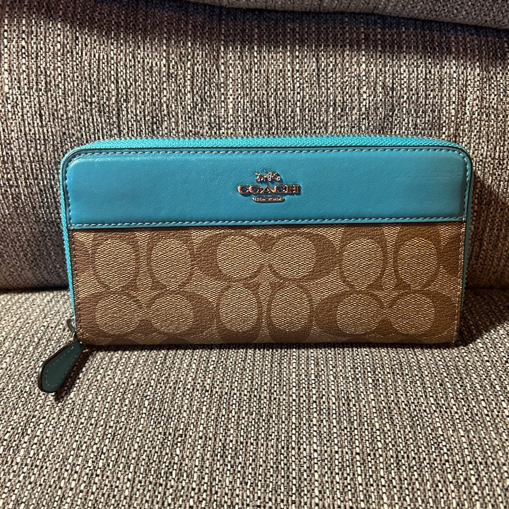 Coach Turquoise and Brown Signature Zip Wallet